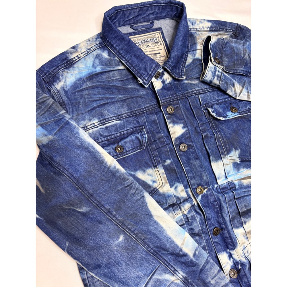 Smoke Rise Mens XL Acid Wash Tie Dye Denim Trucker Jacket Blue White Streetwear